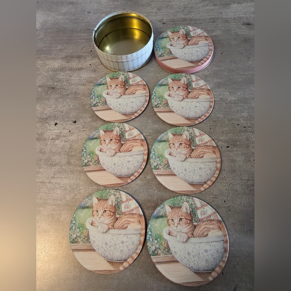 Vintage TIN CATS coasters/adorable orange Cat/made In China